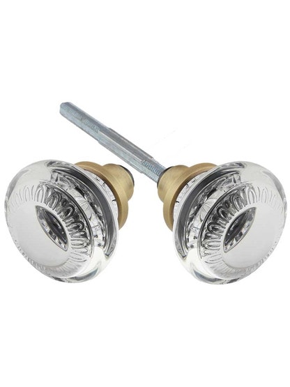 Pair of Ovolo Crystal-Glass Door Knobs in Antique Brass.